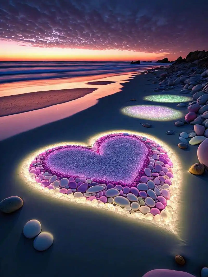 浪漫爱心海滩  情人节的夜晚,和你爱的人一起去欣赏海边七彩石头吧