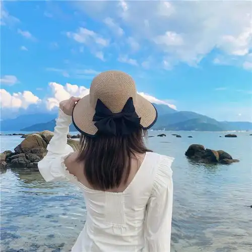 盛世尼曼小草帽女夏天海边沙滩帽度假韩版百搭日系小清新蝴蝶结防晒