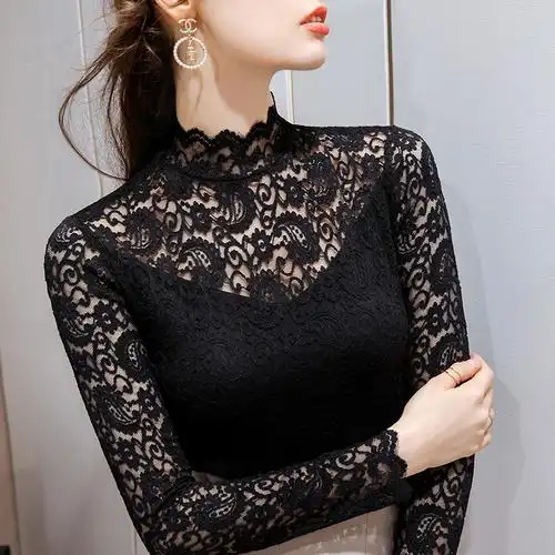 半高高领镂空蕾丝打底衫女秋冬新款紧身洋气蕾丝衫