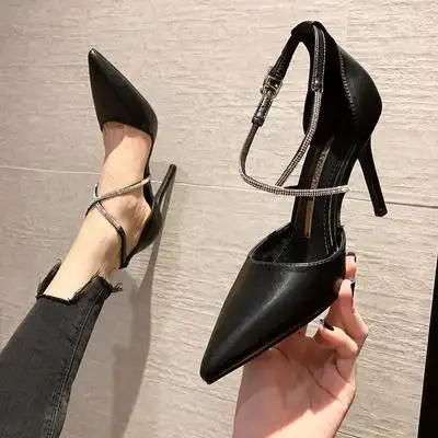 超细高跟鞋水钻交叉绑带一字带法式气质名媛尖头包头凉鞋网红单鞋