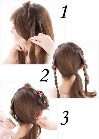 第二步:编好辫子之后,将后面剩余的头发绑成低马尾,至于歪的