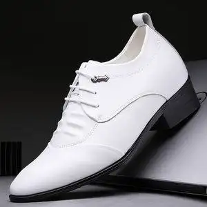 白色皮鞋男真皮夏季休闲英伦尖头商务男士隐形内增高鞋男8cm男鞋