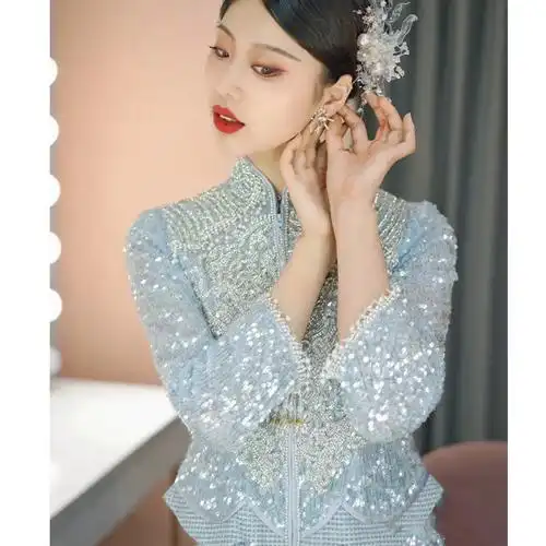 秀禾服2022新娘夏季结婚薄款冰蓝色重工流苏年轻款中式古装嫁衣