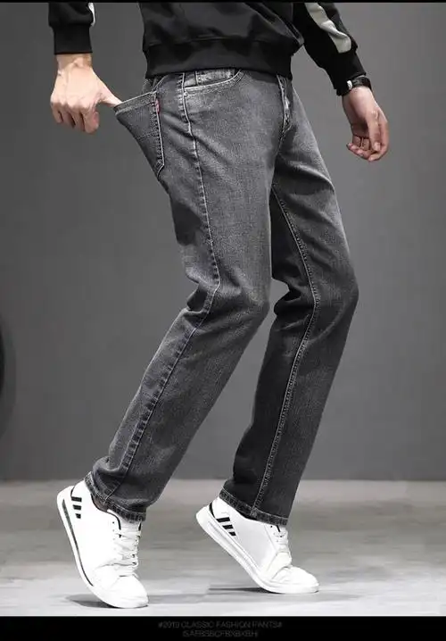 swjeans秋冬季厚款烟灰色牛仔裤男中年加大码休闲宽松直筒潮男长裤子