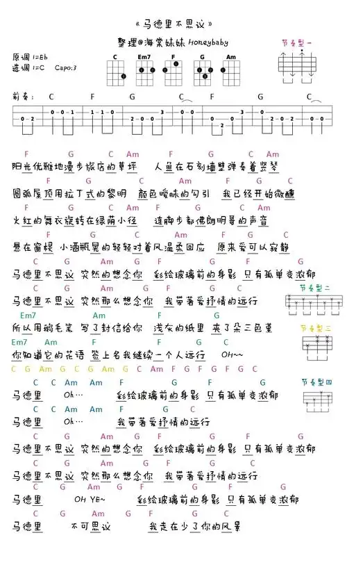 马德里不思议ukulele谱 蔡依林 乌克丽丽弹唱谱_尤克里里谱_吉他吧手