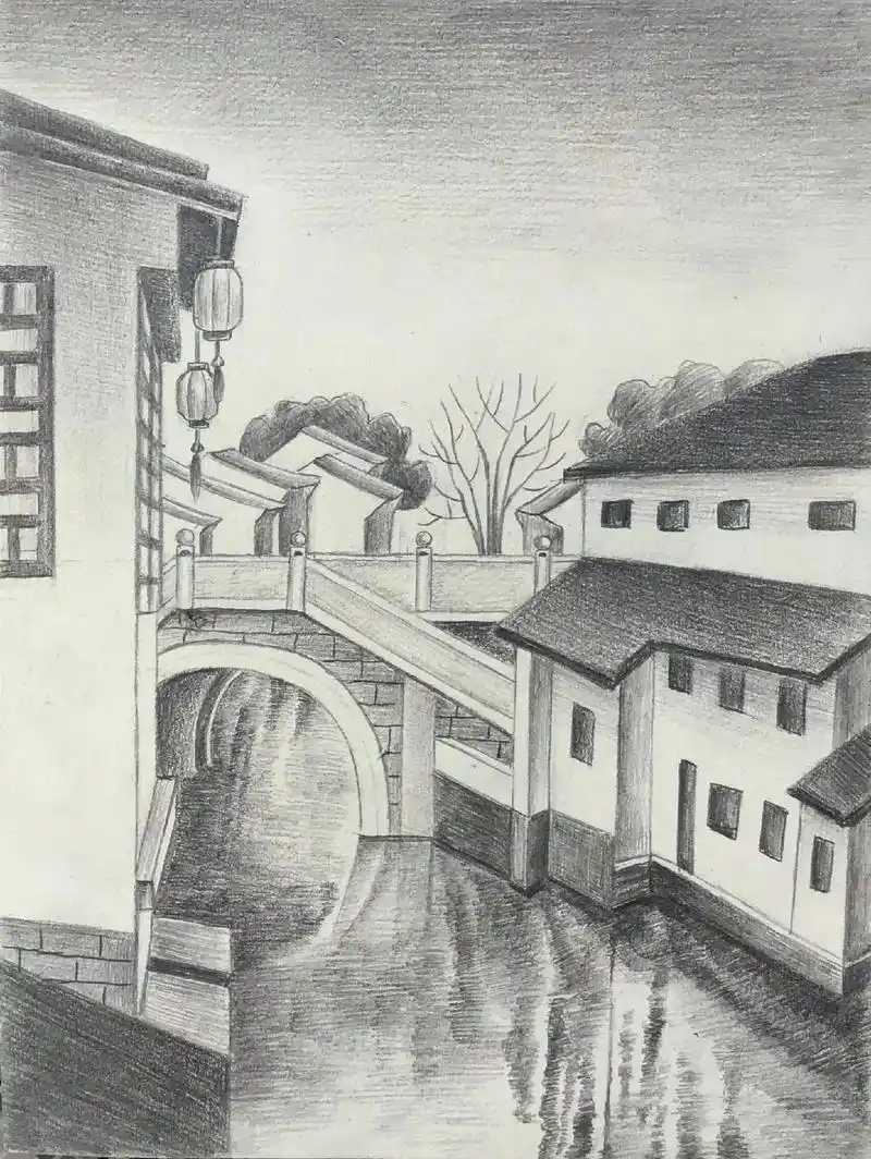 江南水乡.线上1对1照片写生作品,后一幅是小朋友的.#素描风 - 抖音