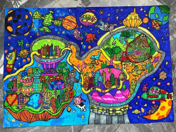 科技儿童主题画未来太空家园幻想画一等奖