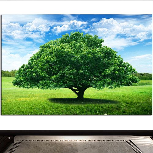 一颗大树蓝天白云树林森林自然风景画草坪草地海报画儿童房护眼图