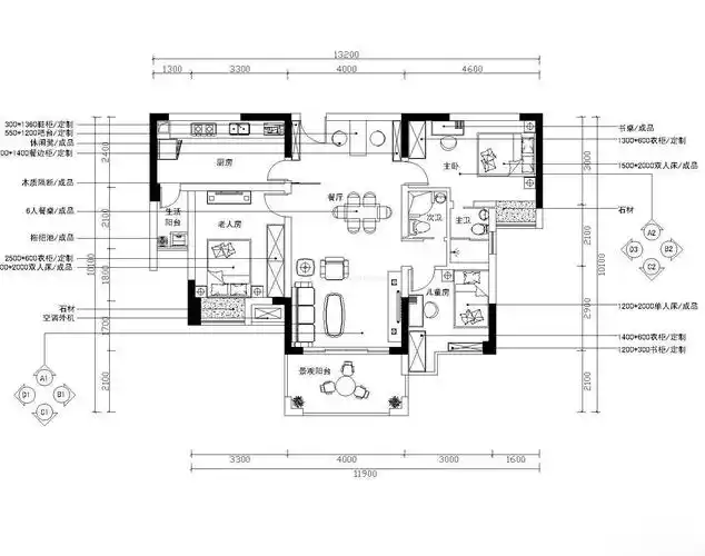 经典90平米三室一厅室内平面图设计