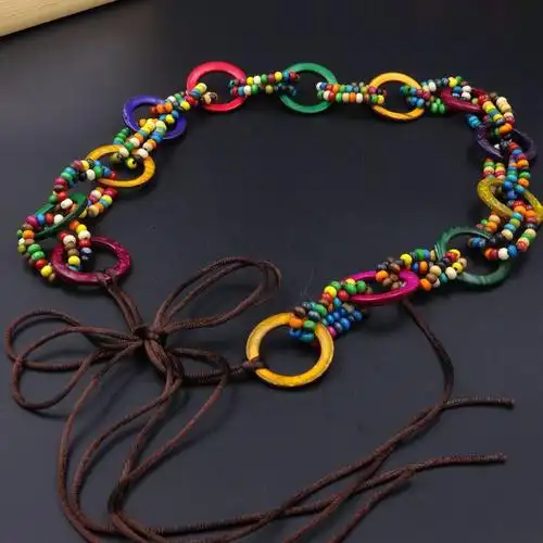 波西米亚风 蜡绳全手工木珠编织女士腰带复古流苏腰链 民族风07