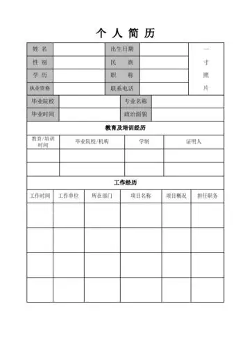 个人简历姓名|出生日期|一|寸|照|片| 性别|民族|学历|职称|执业资格