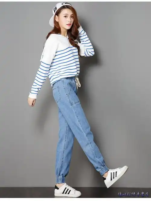 加绒萝卜裤女生牛仔裤女秋冬季2019新款加厚休闲宽松哈伦裤束脚裤