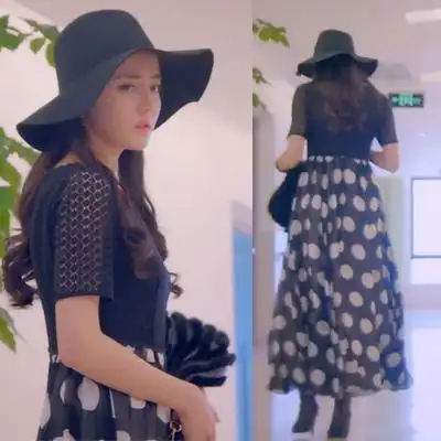 克拉恋人高雯迪丽热巴唐嫣米朵同款蕾丝拼接波点雪纺假两件连衣裙