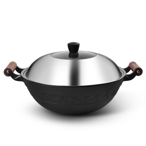 铸彩铁锅双耳铁锅家用不加深大炒菜锅炒锅