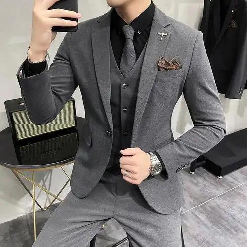 孟康mengkang休闲大码男装纯色西服套装男士三件套修身帅气新郎结婚