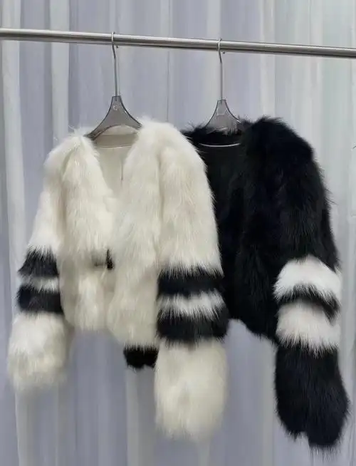 黑白色撞色狐狸腹毛皮草2023年新款毛毛外套女-阿里巴巴
