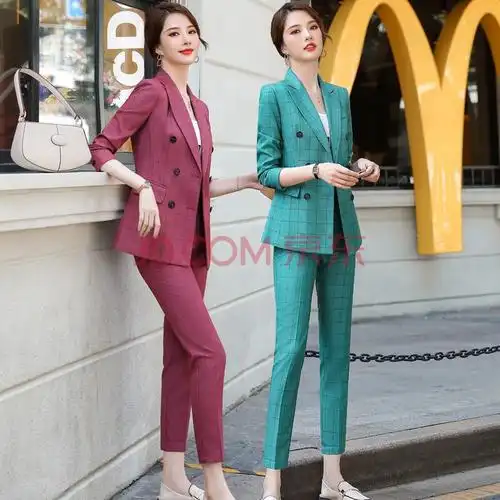 伊雅露莎职业装女装套装格子小西装女21春秋新款时尚休闲西服外套女