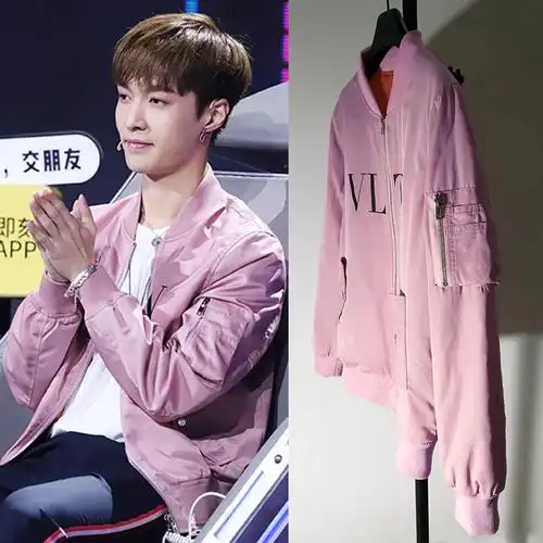 乐町官方旗舰店 外套_即刻电音张艺兴同款粉色外套男女印字母夹克麻婆