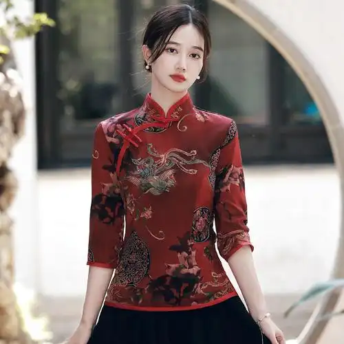 复古中式旗袍式上衣女夏民国风盘扣妈妈旗袍连衣裙唐装中国风套装