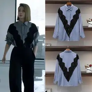 正青春殷桃林睿同款衣服女2021春季新款韩版宽松长袖拼接衬衫上衣