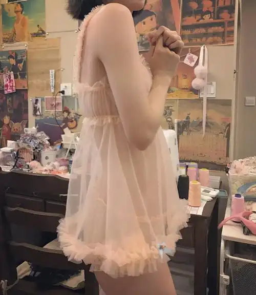 超薄款透视一字领露背蓬蓬睡裙吊带诱惑写真蕾丝睡衣女情趣内衣夏