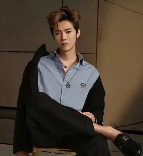 终于被鹿晗帅到了,穿蓝色衬衫配黑色西装,坐椅子上姿势好霸气_写真照