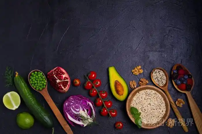 食物背景. 从上面的平面上看,有文字的空间