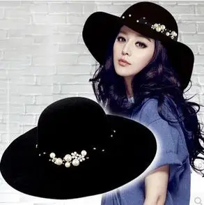 英伦复古秋冬女士大檐珍珠水钻波浪边毛呢帽休闲礼帽爵士帽子女潮