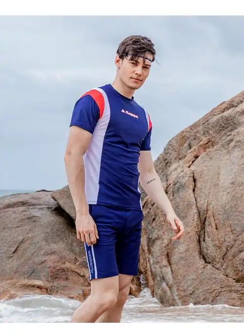 kappa游泳裤男士防尴尬宽松泳衣套装泡温泉男生五分泳裤藏青色xl