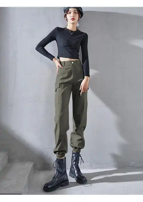 包邮军绿色束脚工装裤女秋冬新款帅气九分休闲裤个性街头棉/棉裤