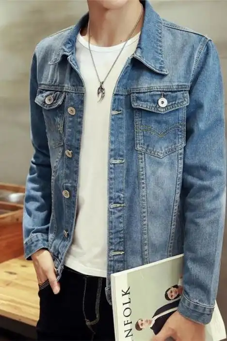 春秋季潮男浅色牛仔夹克男修身韩版潮流青年牛仔衣上衣牛仔褂外套