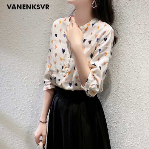 vr)轻奢品牌亚麻衬衫女 彩色爱心印花可调节袖上衣 2021夏季女装新款