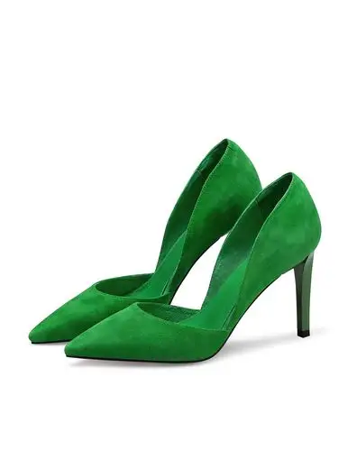 2016春季新款 绿色羊猄性感细高跟尖头浅口单鞋