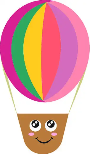 一个彩色热气球,它是卡通画,上面有笑脸矢量彩绘或插图