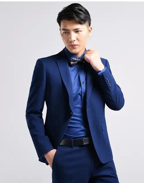 haipaihaoyu 西服套装男士修身商务正装舒适微弹力纯色深蓝色职业西装