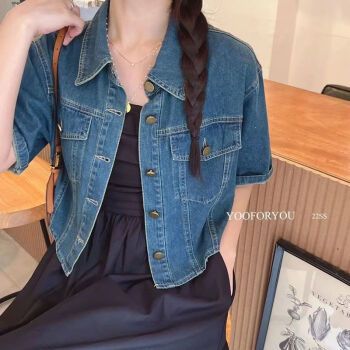 骄拓少女夏天穿的薄款外套牛仔衣港风复古牛仔衬衫女短袖上衣夏季宽松