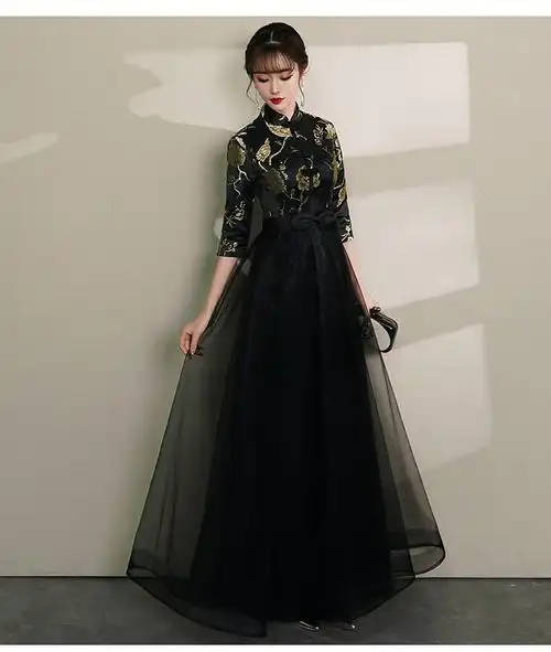 中式小晚礼服2022新款中国风黑色气质长款主持宴会风独唱指挥服女