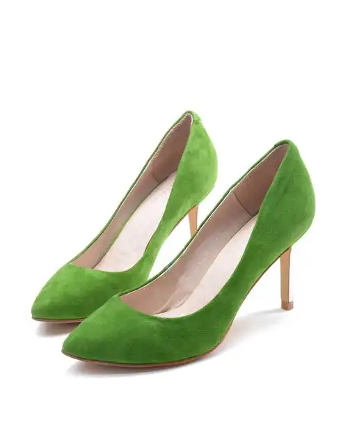 西村名物羊皮绿色时尚休闲舒适细高跟尖头浅口单鞋女