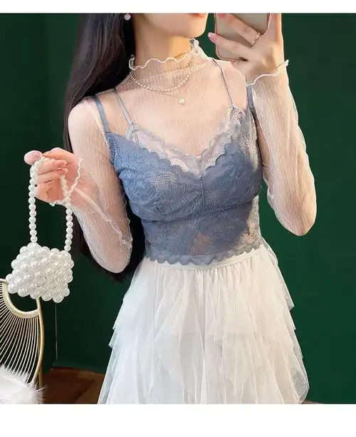 纱衣洋气打底衫高领蕾丝打底衫女春秋时尚洋气内搭薄款透明纱衣镂空