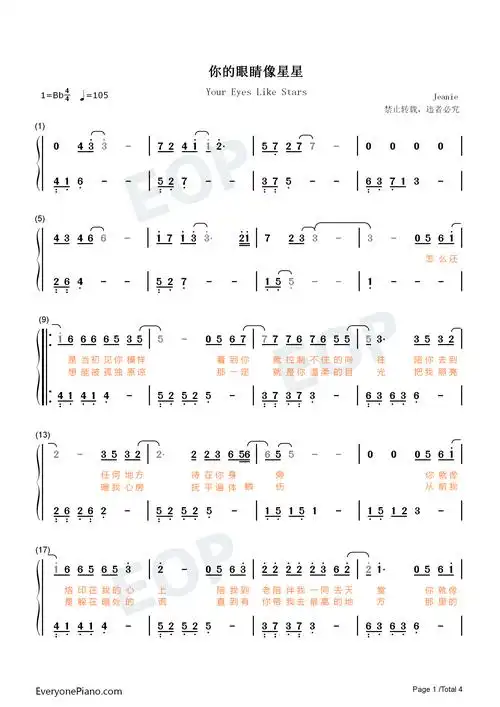 你的眼睛像星星亮晶晶一眼就坠入陷阱原调简单版抖音双手简谱预览1