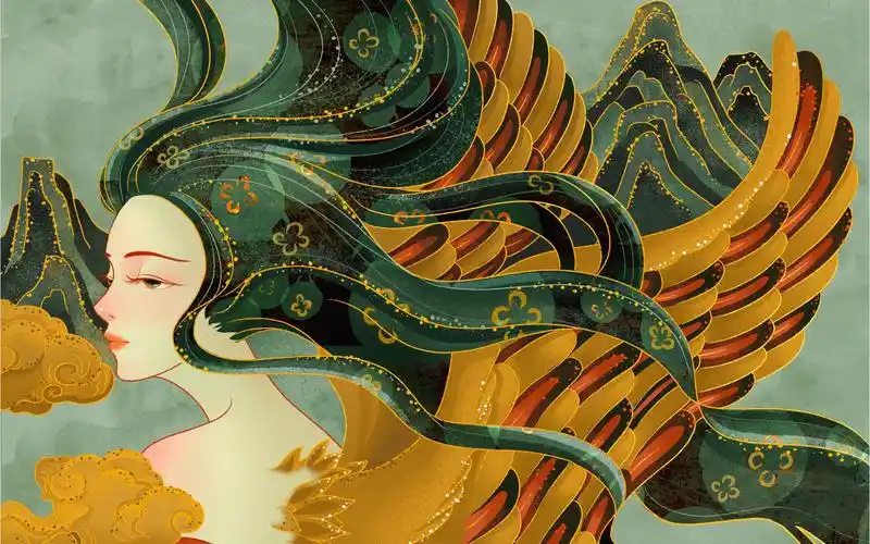 绘画过程procreate新国风插画天空下的翅膀