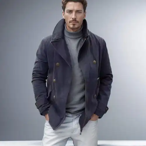 2024春秋款欧美外贸男装休闲时尚双排扣开衫纯色外套男风衣-阿里巴巴