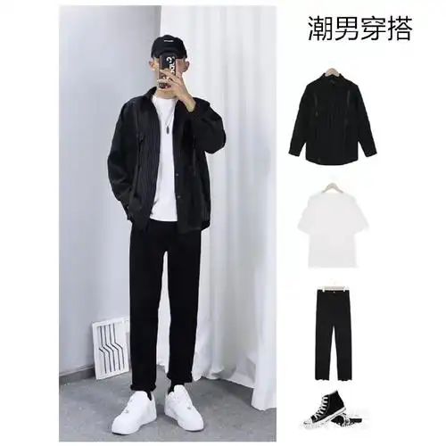 潮男穿搭轻熟气质个性飘带衬衫搭配休闲裤显瘦男装套装衬衫短袖裤子m