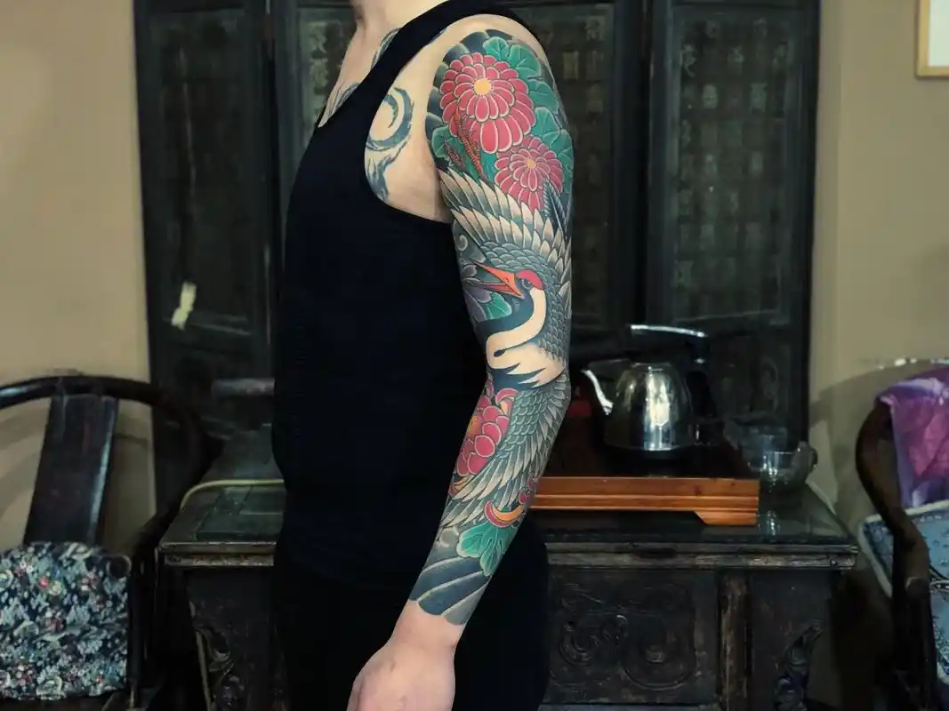 花臂·鹤.#传统刺青 #花臂 #东方美学 - 抖音