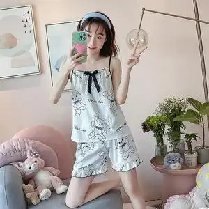 夏季吊带性感睡衣女短裤纯棉学生韩版甜美宽松背心两件绵绸家居服