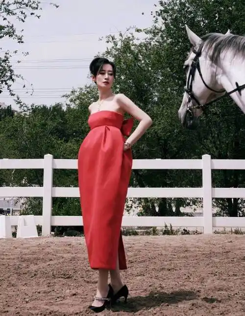 照片中,刘敏涛抬头仰望天空,她的肩颈线条优美流畅,展现出她高雅端庄