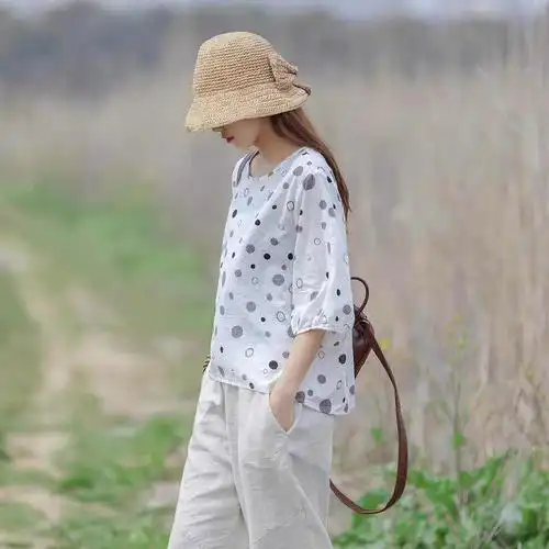 印花短袖t恤女宽松麻亚麻女士夏季休闲轻薄棉麻上衣女小碎花小衫