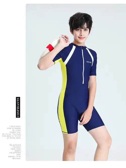 羽·克连体泳衣男大童初中生青少年儿童连体平角游泳衣训练速干男孩小