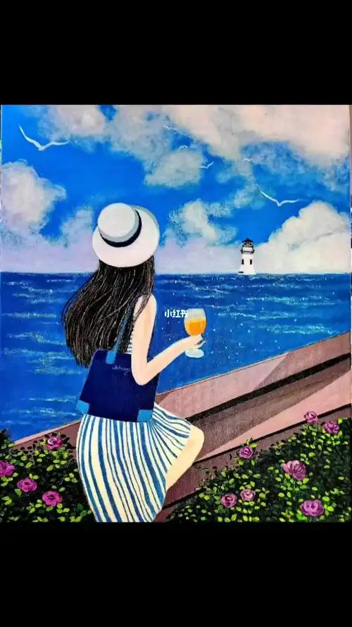 夏日海边手绘临摹丙烯风景人物