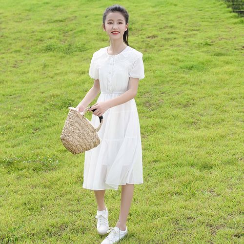 韩版10洋气儿童薄款裙子青少年女中大童13岁夏装白色长裙8岁女孩衣服